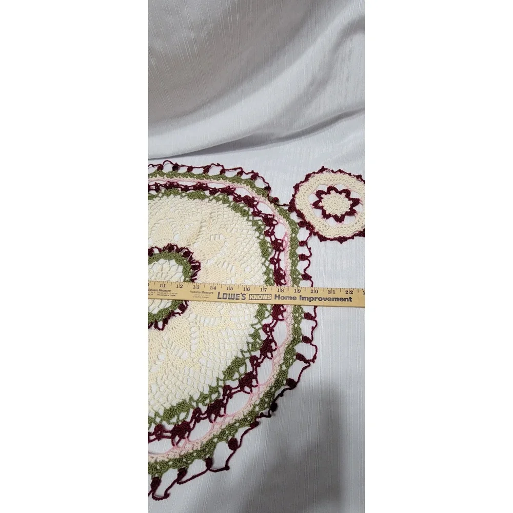 Doily Set 3pc Cream Burgundy Green Pink Floral Round Vintage Handmade Crochet